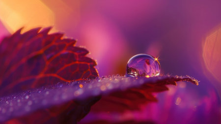 Tinted macro shot of dewdrop on leaf of small sapling in magenta neon colorsの写真素材