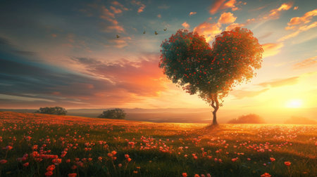 Heart-shaped tree growing on a flowery plain, bathed in the warm glow of the setting sunの写真素材