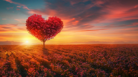 Heart-shaped flowering tree growing on a wide plain, bathed in the warm glow of the setting sunの写真素材
