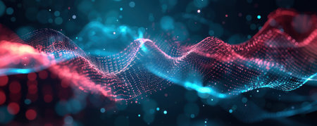 Retro Sci-Fi background of the 80`s. Abstract Sound energy wave field of music with wavy particles....