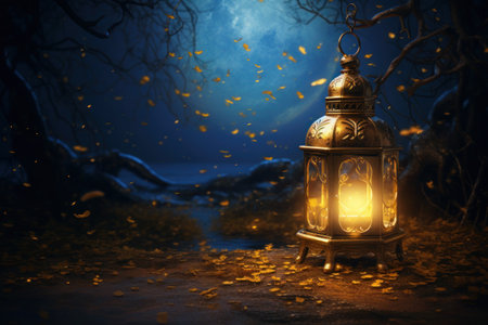 Mystical Night with Golden Glowing Lanternの写真素材