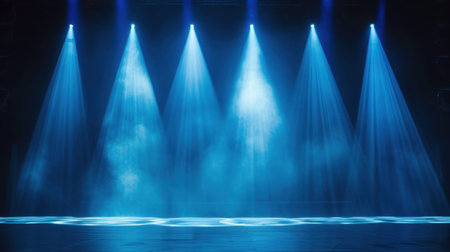 Empty modern stage with bright background for performance, stage lighting with spotlights for dance...