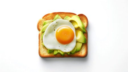 Avocado toast with egg on white background, top view