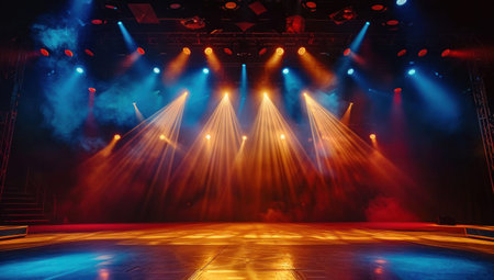 Empty modern stage with bright background for performance, stage lighting with spotlights for...