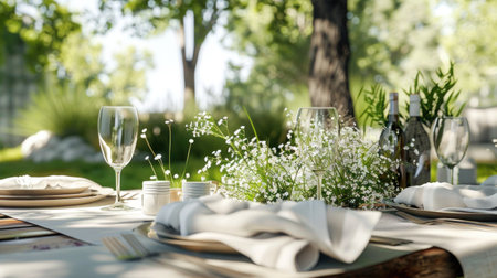Minimal mockup table decor outdoors in gardenの写真素材
