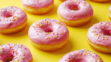 Donuts covered with pink glaze are arranged in random order on bright yellow backgroundの写真素材