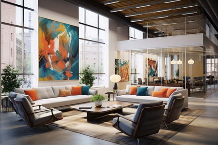 Modern office with an open, collaborative space with shared tables, comfortable lounging area with...