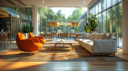 Modern bright office with an open, collaborative space, shared tables and comfortable lounging areas with sofas and armchairsの写真素材