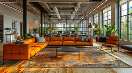 Modern bright office with an open, collaborative space, shared tables and comfortable lounging areas with orange sofas and armchairsの写真素材