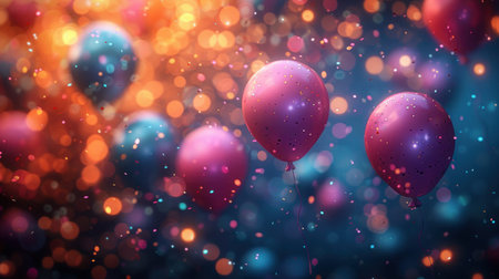 Festive Party background with blue and pink balloons, confetti and blurred lightsの写真素材