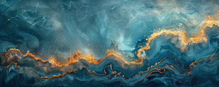 Abstract background of marble slab with interweaving of various turquoise shades with fiery wavy borderの写真素材