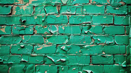 Old brick wall with cracked green paintの写真素材