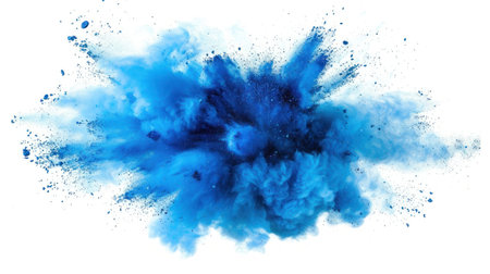 Abstract blue dust explosion on white background, Freeze motion of blue powder explodingの写真素材