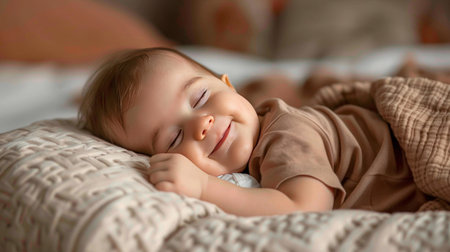 Cute baby sleeping on his stomach on the bed with a smile on his face, peaceful sleep healthy childの写真素材