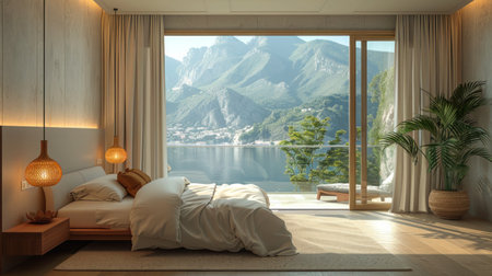 Modern bedroom in light tones, with large panoramic window with beautiful landscape, Minimalistic home interiorの写真素材