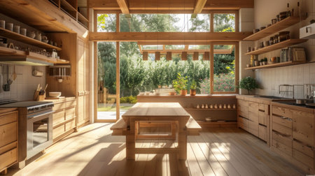 Country house kitchen interior made of light wood with open space, a wooden table in the center and access to the garden. Farmhouse interior design of modern kitchenの写真素材