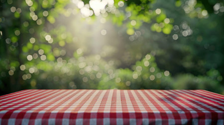 Empty tabletop with red checkered tablecloth and blurred garden as a background for displaying,...