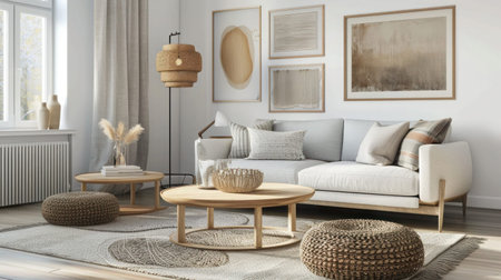 Scandinavian home interior design of modern living room with light sofa, wooden coffee table and...