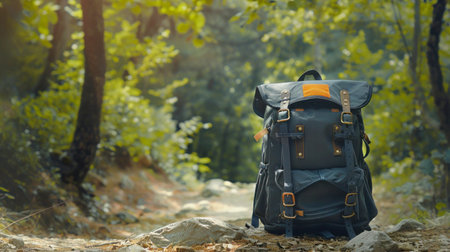 Backpack mockup on a hiking trail with nature in the background, Copy space