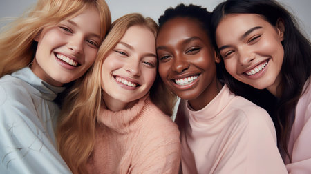 Young black woman surrounded by white women, happy and smiling, multiethnic female friendship conceptの写真素材