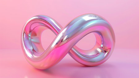 Abstract 3D shapes infinite symbol with holographic iridescent fluid chrome mirror surface on bright pink background, Liquid gradient metal textureの写真素材