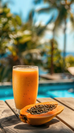 Tropical Papaya lassi and fresh papaya on wooden tabletop on background blurred swimming pool and palmsの写真素材