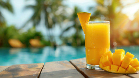 Tropical Mango cocktail with ice cubes and fresh mango on wooden tabletop on background blurred...