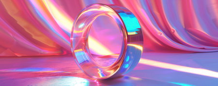 Ring shape of an object with neon lighting and a hologram glitter effect on pink backgroundの写真素材