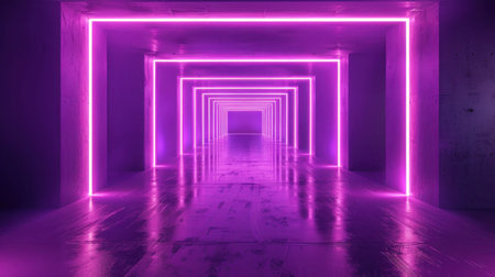 Empty square long corridor or tunnel with violet neon glow spotlights. Laser lines and LED...