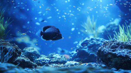 Sleek colorful angelfish gliding over a rocky sea floor. Beautiful sea scene in an aquarium