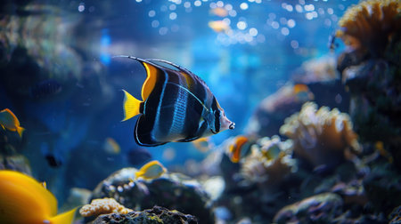 Sleek colorful angelfish gliding over rocky sea floor. Beautiful sea scene in an aquarium