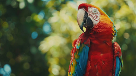 Colorful macaw parrot sitting on tree branch in the park, Closeup, Copy space