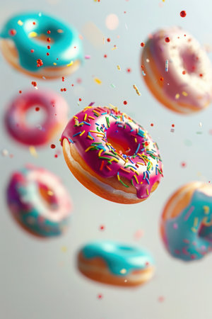Donuts floating in the air, covered with multi-colored glaze and confectionery sprinklesの写真素材