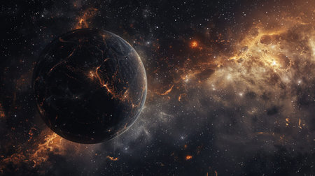 Distant solar system, a distant mystical planet in black and gold colors, fantasy