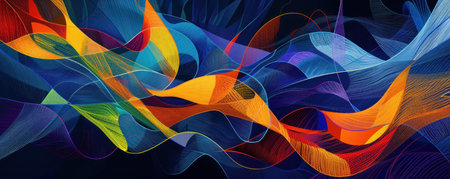Vibrant abstract artwork with wavy lines and flowing shapes on a dark blue background