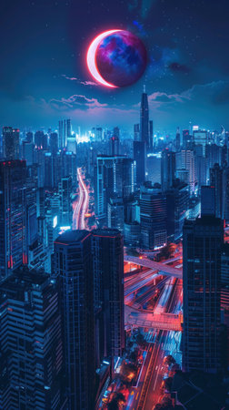 Futuristic landscape of solar eclipse over the city, Solar Eclipse 2024, April 8の写真素材