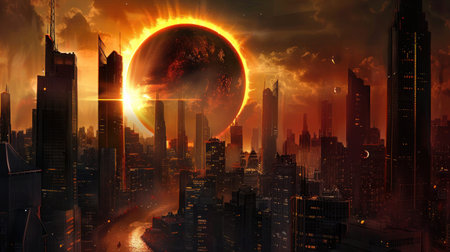 Futuristic landscape of solar eclipse over the city, Solar Eclipse 2024, April