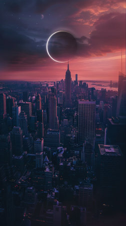 Futuristic landscape of solar eclipse over the city, Solar Eclipse 2024, April 8の写真素材
