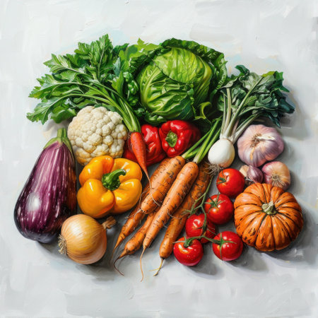 Oil painting of fresh vegetables on white background, Top viewの写真素材