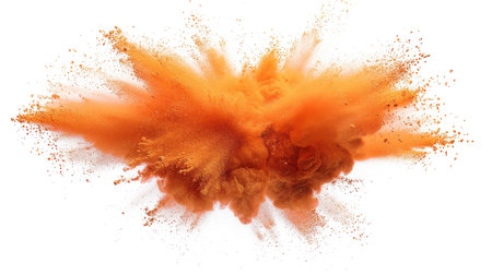 Dynamic orange color dust explosion on white background, Freeze motion of orange powder explodingの写真素材