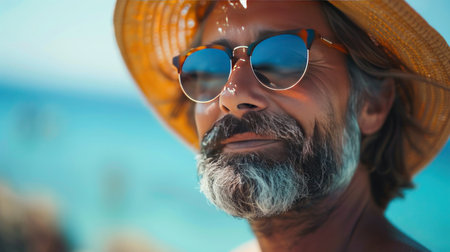 Close-up portrait of a mature man in sunglasses and a hat against the background of the sea coastの写真素材
