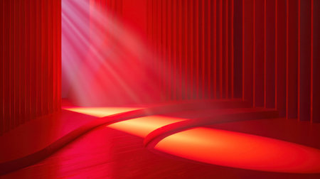Exit from behind the scenes on a modern stage, illuminated by bright red light for the awards ceremonyの写真素材