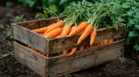 Freshly picked carrots in a wooden box in the garden or fieldの写真素材