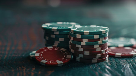 Stack of red and green poker chips on green gaming table. Casino concept for risk or good luckの写真素材