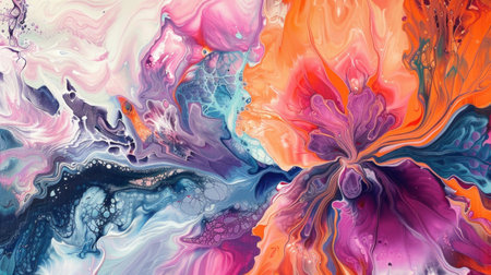 Abstract Fluid Art. Colorful drawing flowers made using liquid acrylic technique. Art of painting...