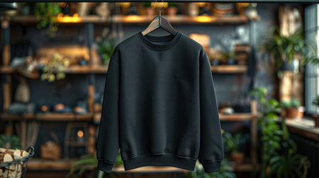 Blank black sweatshirt hanging on hanger in modern clothing store. Mock up template for sweatshirt designの写真素材