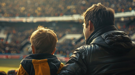 Father and son sit on the stands and watch a football gameの写真素材