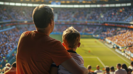 Father and son sit on the stands and watch football gameの写真素材