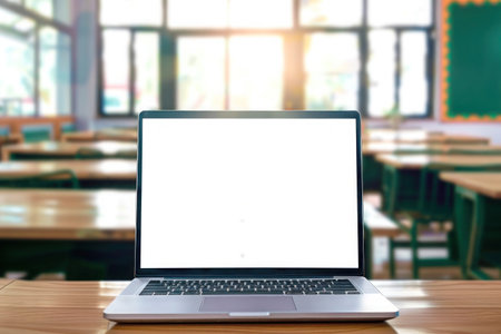 Mockup image of laptop with blank white screen on the table in cozy school classroom environment furnishingsの写真素材