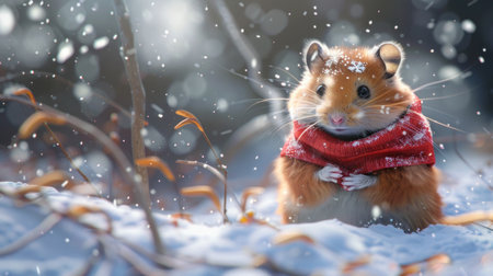 Red hamster in red knitted scarf, Winter postcardの写真素材